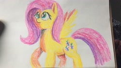 Size: 3412x1920 | Tagged: safe, artist:slamjam, fluttershy, pegasus, pony, g4, female, looking up, mare, pastel, raised hoof, solo, spread wings, standing, three quarter view, traditional art, wings