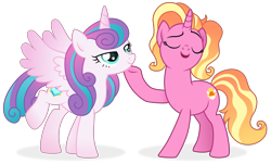 Size: 9812x5930 | Tagged: safe, artist:cirillaq, luster dawn, princess flurry heart, alicorn, pony, unicorn, g4, the last problem, absurd resolution, cutie mark, duo, eyes closed, older, older flurry heart, open mouth, raised hoof, simple background, smiling, transparent background, underhoof