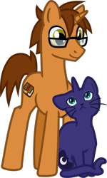 Size: 510x847 | Tagged: safe, artist:saby, derpibooru exclusive, princess luna, oc, oc:knowledge mixing, cat, pony, unicorn, 2021 community collab, derpibooru community collaboration, g4, .svg available, catified, duo, female, glasses, looking up, male, princess mewna, race swap, simple background, sitting, smiling, species swap, stallion, svg, transparent background, vector