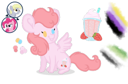 Size: 700x460 | Tagged: safe, artist:magicuniclaws, derpy hooves, pinkie pie, oc, oc:strawberry milkshake, pegasus, pony, g4, aromantic pride flag, chibi, female, magical lesbian spawn, mare, nonbinary pride flag, offspring, parent:derpy hooves, parent:pinkie pie, parents:derpypie, pride, pride flag, reference sheet, simple background, transparent background