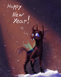 Size: 1448x1810 | Tagged: safe, artist:xander, changeling, cute, cuteling, happy new year, holiday, raised hoof, simple background, smiling, snow, solo