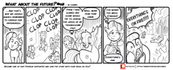 Size: 1600x655 | Tagged: safe, artist:lummh, luster dawn, princess flurry heart, starlight glimmer, alicorn, earth pony, hippogriff, pony, unicorn, comic:what about the future, g4, butt, clone, clopping, comic, fire, monochrome, older, older flurry heart, plot, relief, speech bubble, this is fine