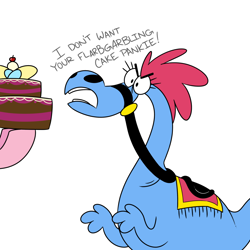 Size: 1280x1280 | Tagged: safe, artist:hattsy, pinkie pie, alien, earth pony, pony, zbornak, g4, cake, crossover, dialogue, female, food, mare, open mouth, sylvia (wander over yonder), wander over yonder