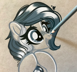 Size: 2538x2370 | Tagged: safe, artist:emberslament, oc, oc only, pony, blushing, boop, colored pencil drawing, colored pencils, commission, cute, female, happy, high res, mare, monochrome, ocbetes, open mouth, pencil boop, solo, traditional art