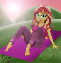 Size: 1982x2048 | Tagged: safe, artist:danielitamlp, sunset shimmer, equestria girls, g4, my little pony equestria girls: better together, wake up!, wake up!: rainbow dash, barefoot, breasts, clothes, feet, female, grass, grin, looking at you, open mouth, pants, sitting, smiling, solo, sun, tank top, yoga, yoga mat, yoga pants