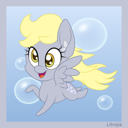 Size: 4000x4000 | Tagged: safe, artist:djdavid98 edits, artist:litrojia, derpy hooves, pegasus, pony, g4, absurd resolution, bubble, chibi, cute, derpabetes, ear fluff, female, flying, open mouth, smiling, solo, spread wings, vector, wings