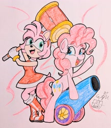 Size: 2729x3130 | Tagged: safe, artist:erynerikard, pinkie pie, earth pony, hedgehog, anthro, g4, amy rose, crossover, hammer, high res, party cannon, sonic the hedgehog (series), traditional art