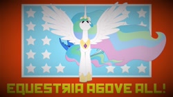 Size: 1280x720 | Tagged: safe, princess celestia, g4, caption, flag, flag of equestria, intimidating, looking at you, motto, red background, simple background, spread wings, text, wings