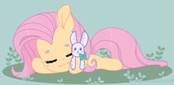Size: 1200x592 | Tagged: safe, artist:auroracursed, fluttershy, pony, rabbit, g4, animal, chibi, cute, eyes closed, female, green background, lying down, mare, plushie, prone, shyabetes, simple background, sleeping, solo