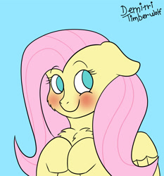 Size: 2800x3000 | Tagged: safe, artist:demitri, fluttershy, pegasus, pony, g4, blushing, bust, cheek fluff, chest fluff, cute, floppy ears, high res, hooves to the chest, looking at you, no pupils, portrait, shyabetes, signature, simple background, smiling, smiling at you, solo, teal background, three quarter view, wings