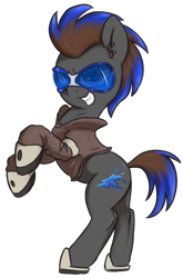 Size: 830x1260 | Tagged: safe, artist:t72b, oc, oc only, oc:blue flare, earth pony, pony, boots, clothes, coat, ear piercing, earring, grin, jewelry, male, piercing, rearing, shoes, simple background, smiling, solo, stallion, sunglasses, transparent background