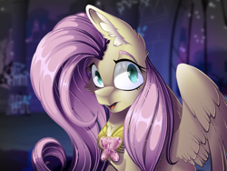 Size: 2224x1668 | Tagged: safe, artist:mychelle, fluttershy, pegasus, pony, g4, bust, cheek fluff, chest fluff, ear fluff, element of kindness, female, glossy, looking at you, mare, open mouth, portrait, solo, spread wings, three quarter view, wings