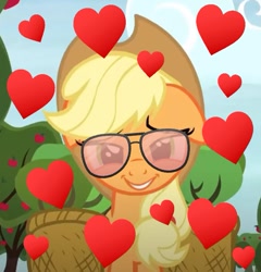 Size: 647x675 | Tagged: safe, edit, edited screencap, screencap, applejack, earth pony, pony, castle sweet castle, g4, cropped, cute, emoji, female, floppy ears, glasses, heart, jackabetes, lidded eyes, mare, smiling, smiling at you, solo, waifu