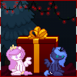 Size: 300x300 | Tagged: safe, artist:imreer, pinkie pie, princess celestia, princess luna, alicorn, earth pony, pony, g4, animated, blinking, box, christmas, christmas lights, commission, female, gif, holiday, mare, pink-mane celestia, pixel art, plushie, pony in a box, present, s1 luna, your character here