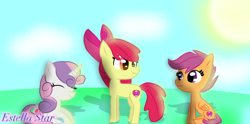 Size: 1024x507 | Tagged: safe, artist:estellastaryt, apple bloom, scootaloo, sweetie belle, earth pony, pegasus, pony, unicorn, g4, bow, cloud, cutie mark, cutie mark crusaders, eyelashes, eyes closed, female, filly, hair bow, lying down, prone, the cmc's cutie marks
