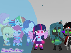 Size: 1024x768 | Tagged: safe, artist:estellastaryt, applejack, fluttershy, king sombra, pinkie pie, queen chrysalis, rainbow dash, rarity, twilight sparkle, alicorn, equestria girls, g4, chibi, clothes, equestria girls-ified, evil smile, eyes closed, female, gacha life, glowing eyes, glowing hands, grin, hat, humane five, humane six, magic barrier, male, shoes, smiling, sombra eyes, twilight sparkle (alicorn), wings