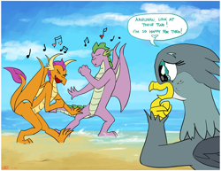 Size: 3300x2550 | Tagged: safe, artist:loreto-arts, gabby, smolder, spike, dragon, griffon, g4, beach, dancing, dialogue, dragoness, female, high res, male, music notes, older, older smolder, older spike, ship:spolder, shipping, straight, teary eyes