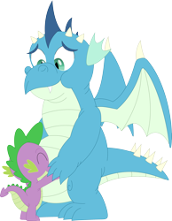 Size: 2770x3573 | Tagged: safe, artist:porygon2z, spike, oc, oc:gutz, dragon, g4, belly, big belly, duo, duo male, fat, high res, hug, male, simple background, transparent background, vector