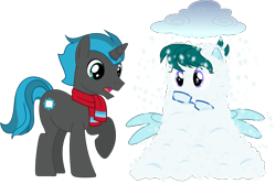 Size: 2588x1732 | Tagged: safe, artist:yoshimon1, derpibooru exclusive, oc, oc only, oc:cloudy bits, oc:shimmer scroll, pegasus, pony, unicorn, 2021 community collab, derpibooru community collaboration, buried, buried in snow, clothes, cloud, covered in snow, description is relevant, duo, female, glasses, male, mare, open mouth, scarf, simple background, snow, snow pile, snowfall, spread wings, stallion, story included, surprised, transparent background, wings