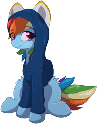 Size: 1010x1280 | Tagged: safe, artist:nighty, derpibooru exclusive, rainbow dash, pegasus, pony, 2021 community collab, derpibooru community collaboration, clothes, colored pupils, ears, eye clipping through hair, feathered wings, female, fluffy, hoodie, leg fluff, looking at you, mare, simple background, sitting, smiling, solo, sweater, tail, transparent background, wings
