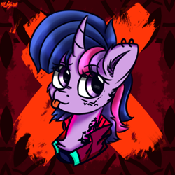 Size: 600x600 | Tagged: safe, artist:mjsw, twilight sparkle, pony, unicorn, :p, abstract background, alternate hairstyle, bust, clothes, curved horn, ear piercing, earring, eyebrows, eyebrows visible through hair, female, horn, jewelry, mare, mlem, piercing, punklight sparkle, silly, sketch, solo, tattoo, tongue out
