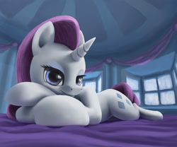 Size: 1920x1600 | Tagged: safe, artist:odooee, rarity, pony, unicorn, g4, bed, bedroom, bedroom eyes, female, heart eyes, looking at you, lying down, prone, smiling, smiling at you, solo, window, wingding eyes