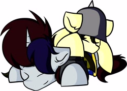 Size: 3898x2785 | Tagged: safe, artist:kranonetwork, oc, oc:banana javelin, oc:ink spill, earth pony, pony, unicorn, fallout equestria, clothes, cuddling, female, high res, jumpsuit, male, oc x oc, pipbuck, pony pile, shipping, simple background, sleeping, vault suit, white background