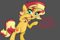 Size: 7381x4921 | Tagged: safe, artist:background basset, sunset shimmer, pony, unicorn, g4, bipedal, female, gray background, happy, implied twilight sparkle, offscreen character, open mouth, simple background, solo, text