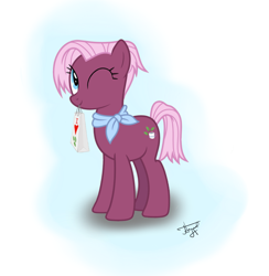 Size: 1056x1080 | Tagged: safe, artist:alexcooler, jasmine leaf, earth pony, pony, g4, female, looking up, mare, one eye closed, shopping bag, solo, wink
