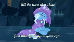 Size: 1920x1080 | Tagged: safe, artist:jeatz-axl, editor:grapefruitface, trixie, pony, unicorn, g4, cape, clothes, crying, eyes closed, female, hat, rain, sad, sitting, solo, song reference, the sad and depressive trixie, toto (band), trixie's cape, trixie's hat, wallpaper