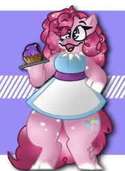 Size: 591x813 | Tagged: safe, artist:mochimisfts, pinkie pie, earth pony, anthro, unguligrade anthro, g4, clothes, cloven hooves, cupcake, dress, eye clipping through hair, female, food, plate, smiling, solo