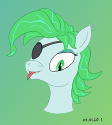 Size: 721x805 | Tagged: safe, artist:0nonim, artist:ononim, oc, oc only, oc:icy mint, bat pony, pony, bust, catchlights, eyepatch, fangs, female, gradient background, highlights, lidded eyes, looking at you, mare, solo, tongue out