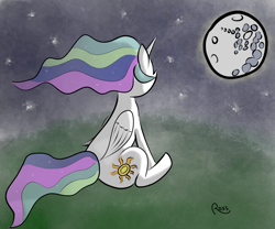 Size: 1080x900 | Tagged: safe, artist:rossponeart, princess celestia, alicorn, pony, g4, mare in the moon, moon, night, princess, rear view, solo