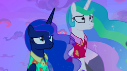 Size: 1920x1080 | Tagged: safe, screencap, princess celestia, princess luna, alicorn, pony, between dark and dawn, g4, clothes, concerned, confused, cutie mark, duo, ethereal mane, female, flowing mane, folded wings, hawaiian shirt, multicolored mane, royal sisters, siblings, sisters, spanish description, starry mane, vacation, worried