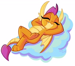 Size: 4096x3585 | Tagged: dead source, safe, artist:sophillia, smolder, dragon, g4, cloud, crossed legs, cute, dragoness, eyes closed, female, horns, lying down, lying on a cloud, on a cloud, relaxing, simple background, smolderbetes, solo, teenaged dragon, teenager, toes, underfoot, white background