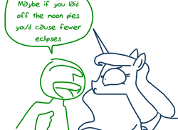 Size: 558x406 | Tagged: safe, artist:weaver, princess luna, oc, oc:anon, alicorn, human, pony, g4, angry, luna is not amused, this will end in tears and/or a journey to the moon, unamused