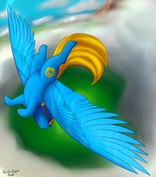 Size: 2809x3197 | Tagged: safe, artist:flashnoteart, oc, oc only, pegasus, pony, cloud, commission, flying, goggles, high res, solo, spread wings, wings