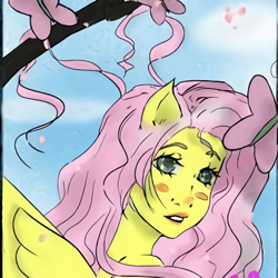 Size: 450x450 | Tagged: artist needed, source needed, safe, fluttershy, pegasus, anthro, g4, blushing, bust, cloud, eyelashes, female, outdoors, solo, tree