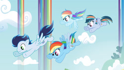 Size: 1280x727 | Tagged: safe, artist:stardustsentry501, rainbow dash, soarin', oc, oc:cloudrunner, oc:star dash, pegasus, pony, g4, base used, female, filly, flying, heterochromia, male, mare, offspring, parent:rainbow dash, parent:soarin', parents:soarindash, ship:soarindash, shipping, spread wings, stallion, straight, wings