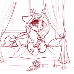 Size: 3000x3000 | Tagged: safe, artist:skitsroom, princess cadance, queen chrysalis, shining armor, changeling, changeling queen, pony, g4, bed, curtains, cute, cutealis, female, high res, looking at you, monochrome, pillow, plushie, smiling, solo, voodoo doll