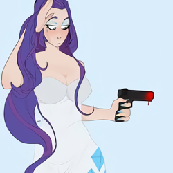 Size: 450x450 | Tagged: artist needed, source needed, safe, rarity, human, g4, blood, blue background, breasts, busty rarity, clothes, cutie mark, cutie mark on clothes, female, gun, humanized, simple background, solo, weapon