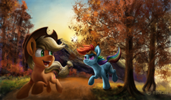 Size: 1890x1104 | Tagged: safe, artist:rbtm233, applejack, rainbow dash, earth pony, pegasus, pony, g4, autumn, duo, duo female, female, mare, mountain, running, tree