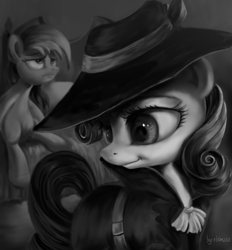 Size: 1535x1654 | Tagged: safe, artist:rbtm233, rainbow dash, rarity, pegasus, pony, unicorn, g4, rarity investigates, black and white, clothes, detective rarity, duo, duo female, fedora, female, grayscale, hat, mare, monochrome, noir, trenchcoat