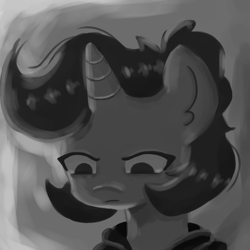 Size: 3000x3000 | Tagged: safe, artist:menalia, oc, oc only, oc:niroh fatal, pony, unicorn, bust, clothes, female, gray background, high res, hoodie, horn, mare, monochrome, portrait, simple background, solo, wip