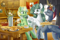Size: 1920x1273 | Tagged: oc name needed, safe, artist:pyropk, oc, oc only, alicorn, pegasus, pony, alicorn oc, canada, canadian, canadian flag, flag, horn, poutine, shameless stereotype, signature, syrup, wings