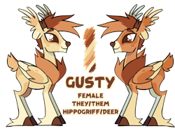 Size: 2000x1500 | Tagged: safe, artist:renhorse, oc, oc only, oc:gusty, deer, deer pony, hippogriff, hybrid, original species, peryton, female, reference sheet, simple background, solo, transparent background