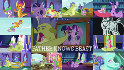 Size: 1972x1110 | Tagged: safe, edit, edited screencap, editor:quoterific, screencap, pinkie pie, sludge (g4), smolder, spike, starlight glimmer, twilight sparkle, alicorn, dragon, earth pony, pony, unicorn, father knows beast, g4, bathtub, covering eyes, crying, dragoness, eyes closed, female, flying, force field, glowing horn, gritted teeth, hat, heartbreak, hoof in mouth, horn, hug, magic, magic aura, male, open mouth, shower cap, twilight sparkle (alicorn), winged spike, wings, x-ray