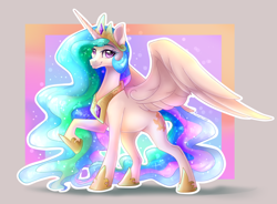 Size: 2820x2080 | Tagged: safe, artist:alissa1010, princess celestia, alicorn, pony, g4, abstract background, eyebrows, eyebrows visible through hair, female, high res, looking at you, mare, raised hoof, smiling, smiling at you, solo, spread wings, twibooru import, wings