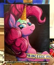 Size: 1024x1224 | Tagged: safe, artist:colorsceempainting, pinkie pie, earth pony, pony, g4, bust, fake horn, food, french, ice cream, ice cream cone, ice cream horn, painting, portrait, solo, traditional art