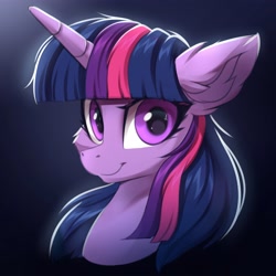 Size: 4000x4000 | Tagged: safe, artist:ask-colorsound, twilight sparkle, pony, unicorn, g4, absurd resolution, black background, bust, cheek fluff, cute, ear fluff, female, horn, looking at you, portrait, simple background, smiling, smiling at you, solo, unicorn twilight